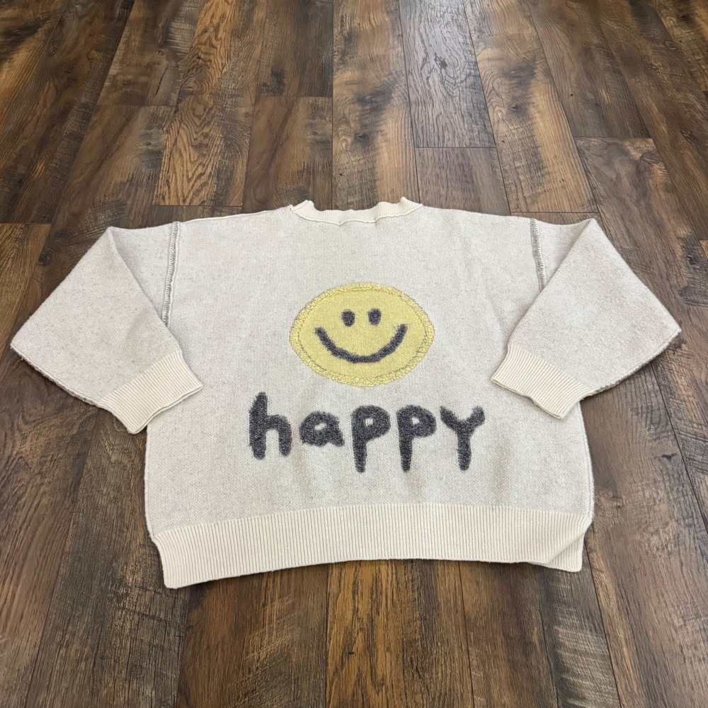 Vintage Havana Happy Smiley Face Knit Sweater Oatmeal Marl Crew Neck Large Cozy